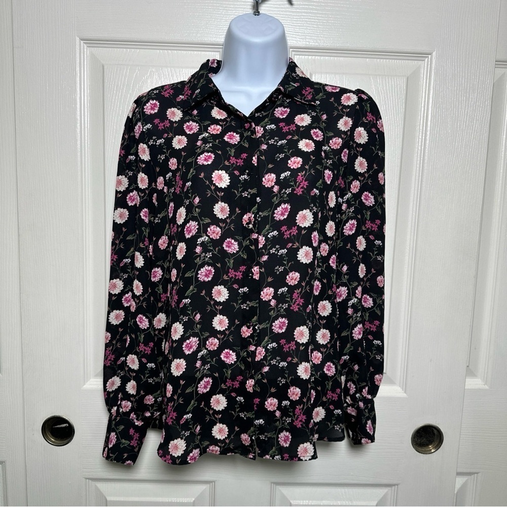 Elie Tahari Womens Size Small Black Floral Blouse Button Front Top Office Work